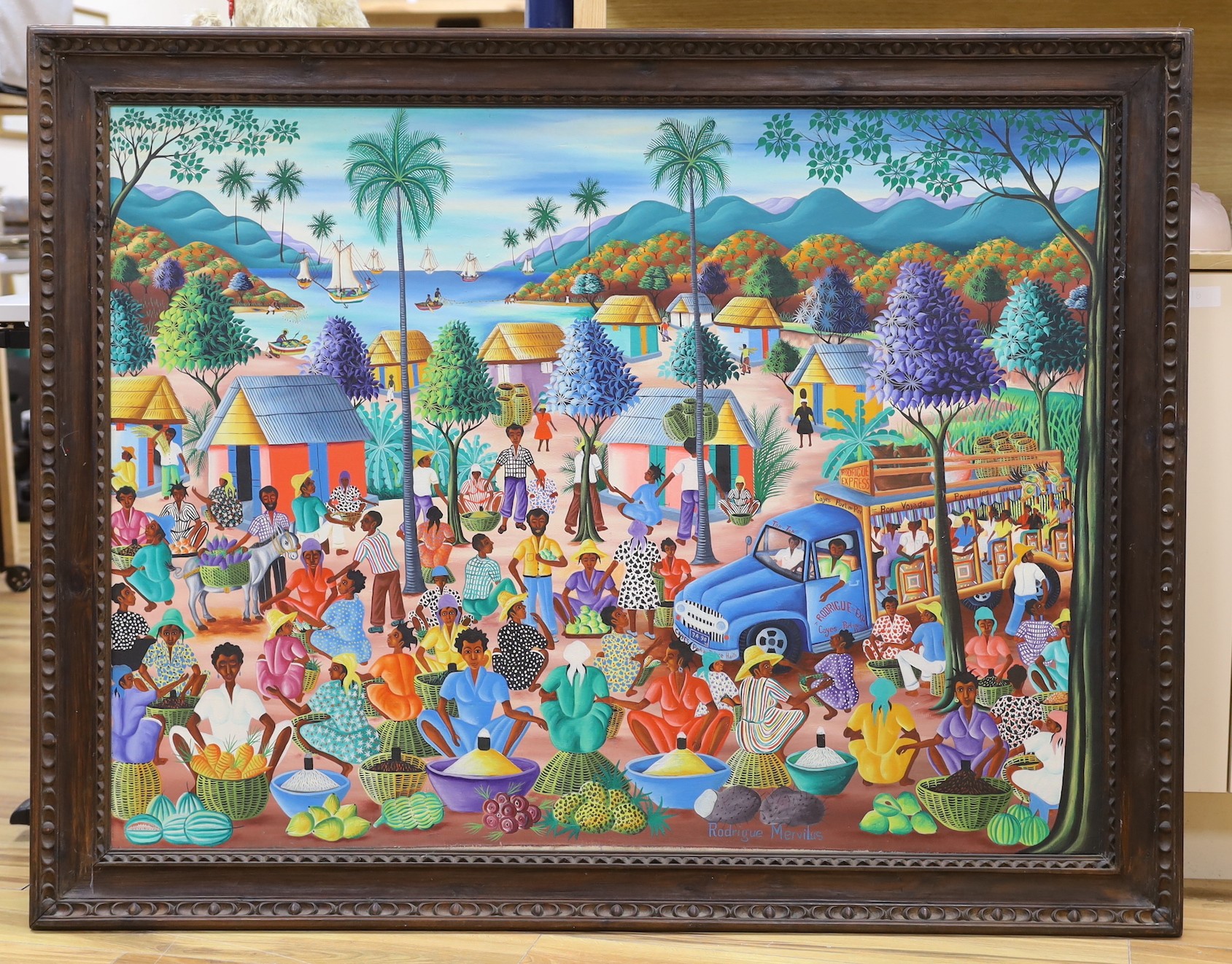 Rodrigue Mervilus (Haitian), oil on canvas, Market scene, signed, 91 x 121cm